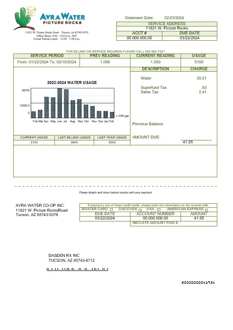 USA Arizona Avra Water business utility bill template in Word and PDF formats